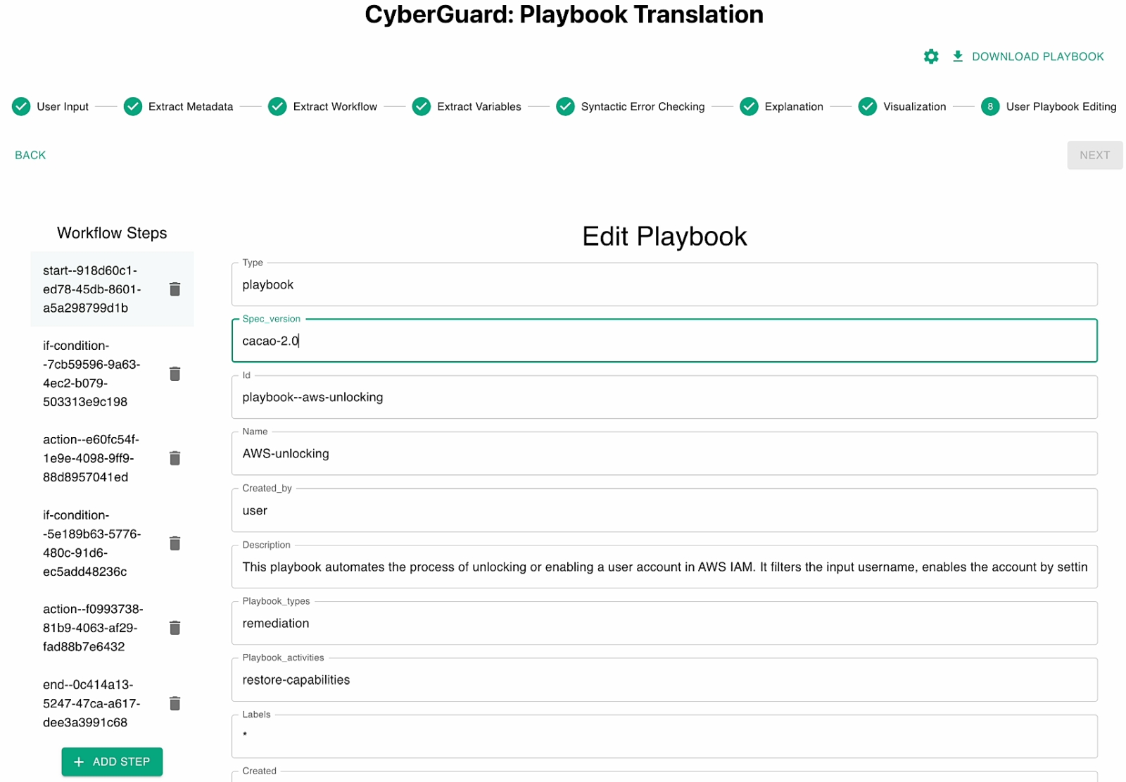 Standardisierte Security-Playbooks verbessern den Schutz vor Cyberangriffen Die mit CyberGuard von der KI generierten Playbooks können von den IT-Verantwortlichen von Hand modifiziert und editiert werden.